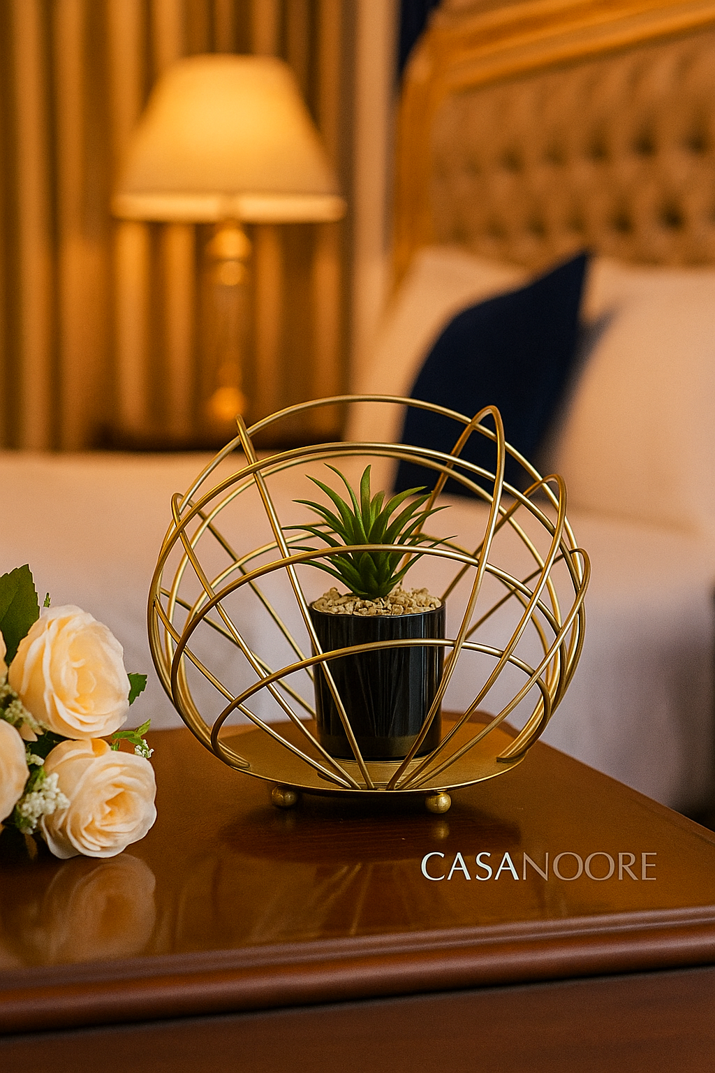 Decor, Decorative Metal Cactus, Spherical Artificial Succulent Plant, Ceramic Black Plant Pot in Gilded Bowl, Decorative plant with a Gold Metal Stand