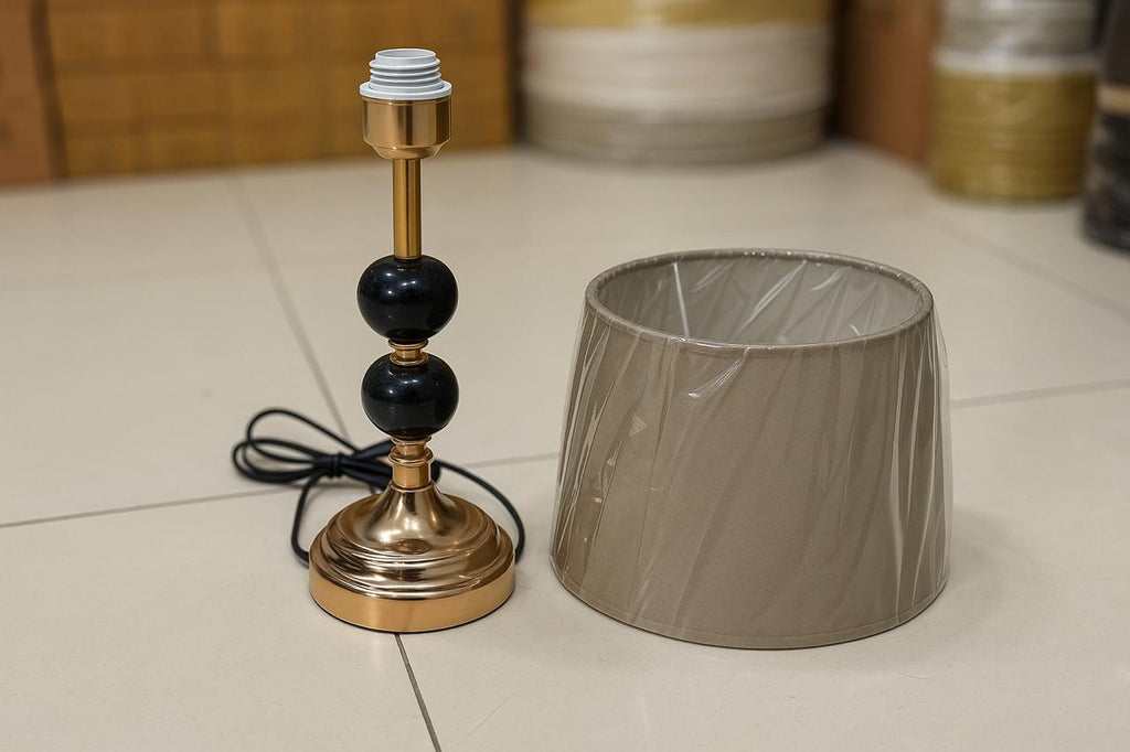 Elegant Modern Table Lamp Bronze Finish with Dual Black Orbs
