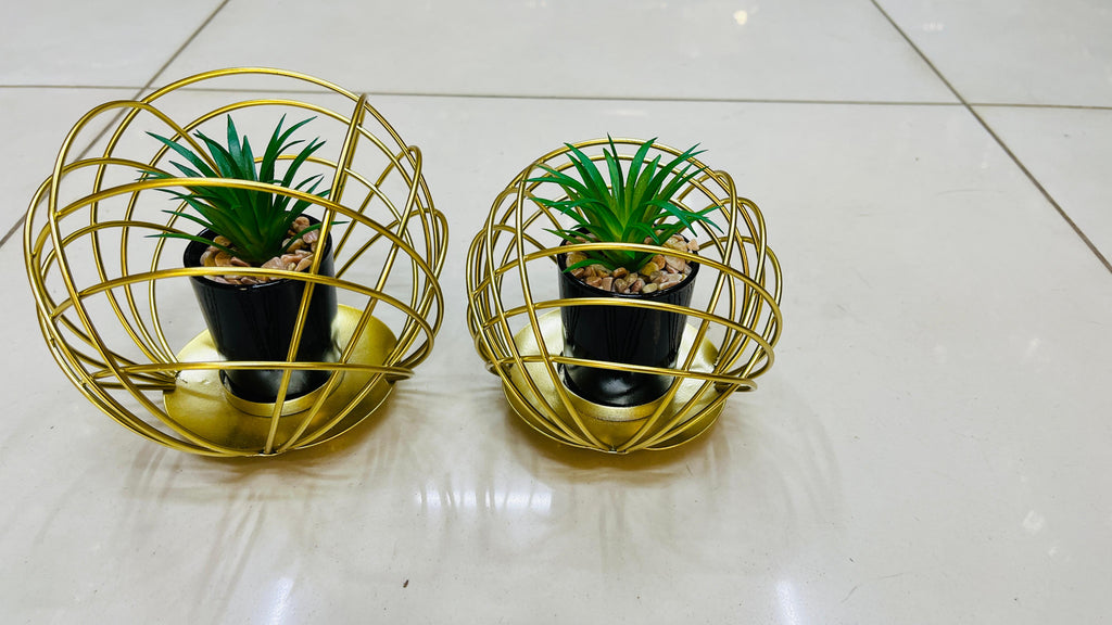 Decor, Decorative Metal Cactus, Spherical Artificial Succulent Plant, Ceramic Black Plant Pot in Gilded Bowl, Decorative plant with a Gold Metal Stand