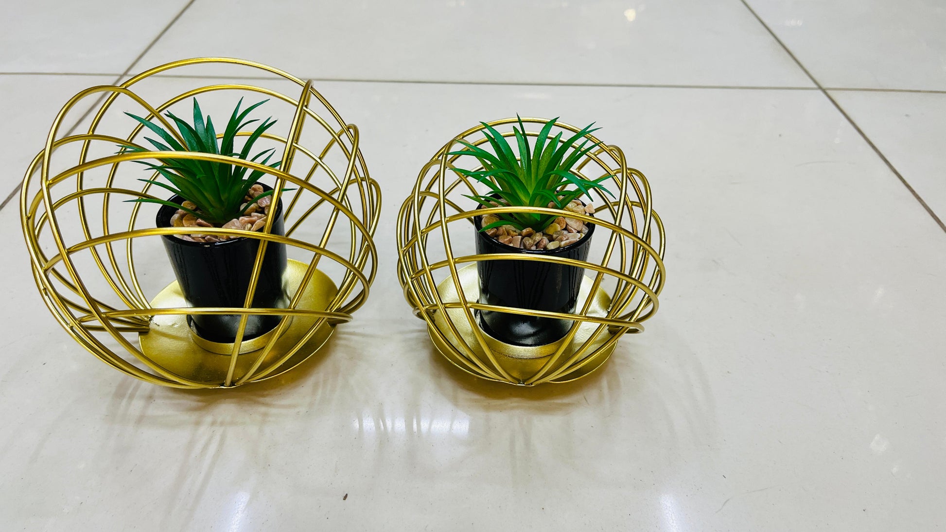 Decor, Decorative Metal Cactus, Spherical Artificial Succulent Plant, Ceramic Black Plant Pot in Gilded Bowl, Decorative plant with a Gold Metal Stand