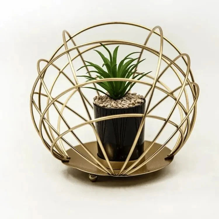 Decor, Decorative Metal Cactus, Spherical Artificial Succulent Plant, Ceramic Black Plant Pot in Gilded Bowl, Decorative plant with a Gold Metal Stand