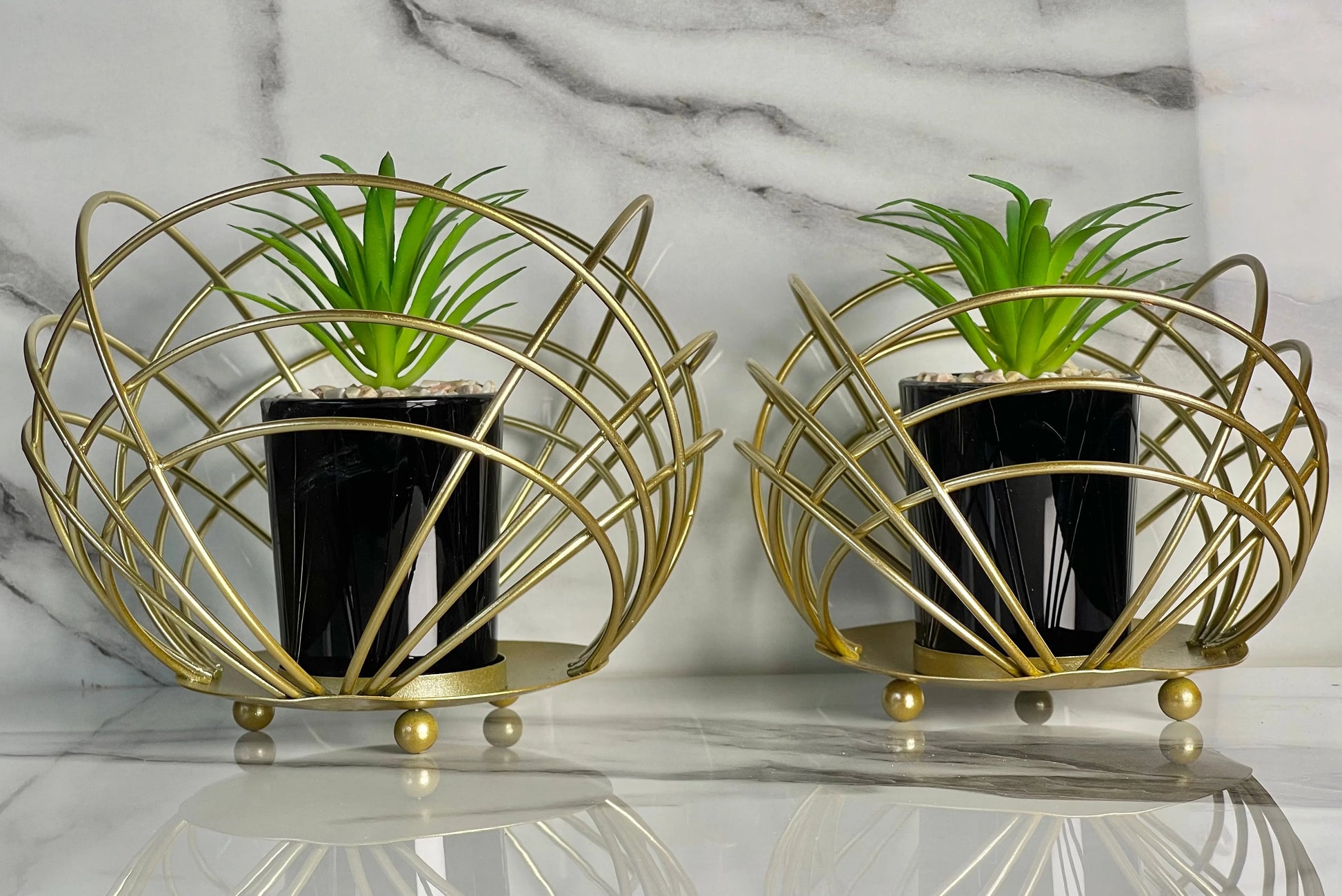 Decor, Decorative Metal Cactus, Spherical Artificial Succulent Plant, Ceramic Black Plant Pot in Gilded Bowl, Decorative plant with a Gold Metal Stand